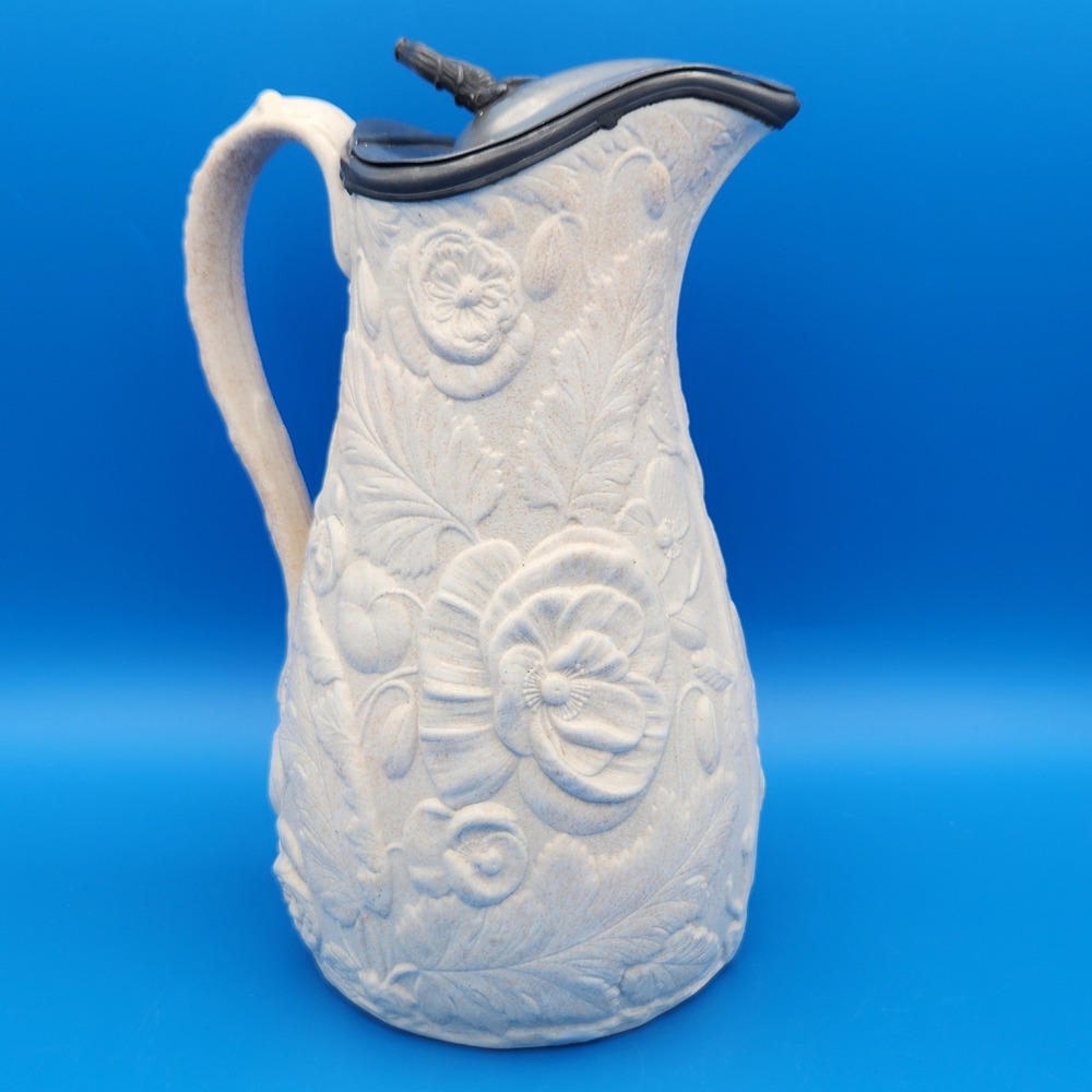 Vintage Copeland Parian Ware (?) Jug Pitcher Floral Poppy Pewter Hinges Lid
